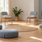 Coussins et chaises dans une salle lumineuse préparée pour un cours de méditation