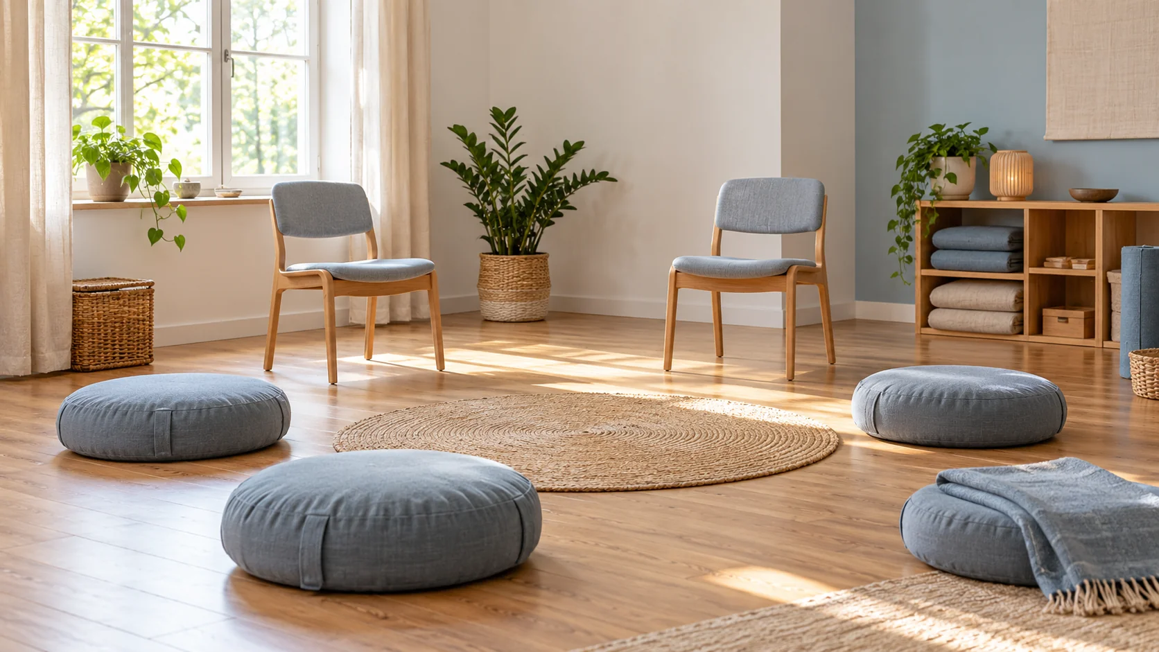 Coussins et chaises dans une salle lumineuse préparée pour un cours de méditation